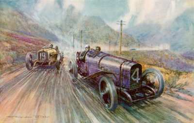 K Lee Guinness se Sunbeamem ve dvoudenním závodě Tourist Trophy na 600 mil na Isle of Man, který vyhrál rychlostí 56,44 mph (barevná litho) od Frederick Gordon (after) Crosby