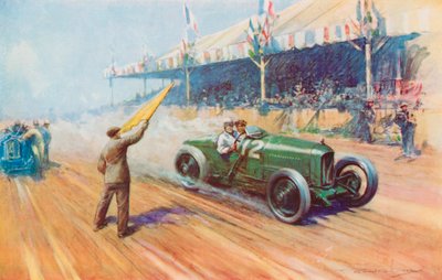 Sir Henry Segrave dosáhl prvního britského vítězství v Grand Prix s dvoulitrovým Sunbeam na okruhu Tours (barva litho) od Frederick Gordon (after) Crosby