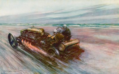 Slavná "200" Darracq, se kterou Sir Algernon Guinness, Bart, dosáhl v roce 1908 rychlosti 120 mph (barevné lito) od Frederick Gordon (after) Crosby