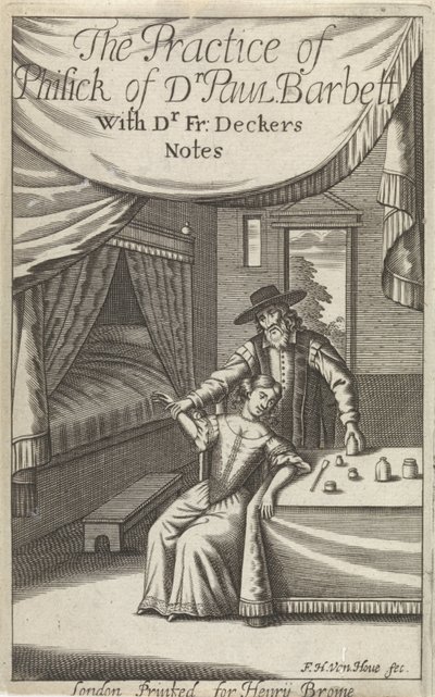 Doktor s mladou ženou v interiéru Titulní strana pro: Dekkers, F., The Practice of Phisick of Dr. Paul Barbett od Frederick Hendrick van den Hove