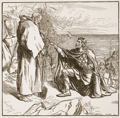 Egfrid prosí svatého Cuthberta, ilustrace z knihy "The Church of England: Spence-Jones, vyd. cca 1910 (sépiová fotografie). od Frederick Henry Townsend
