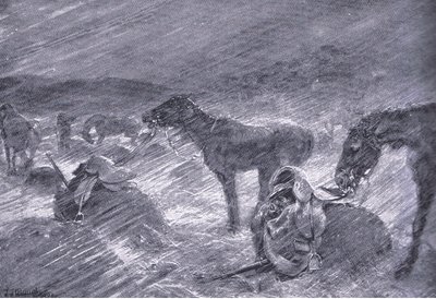 Jihoafrická krupobití, z After Pretoria: The Guerilla War vydané Harmsworth Bros Limited, 1901 od Frederick Judd Waugh