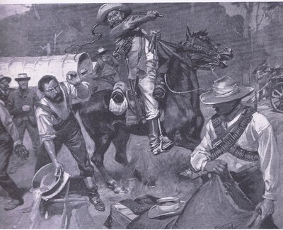 Búrské zacházení s mírovými vyslanci: Bičování Margendaalu, z After Pretoria: The Guerilla War vydané Harmsworth Bros Limited, 1901 od Frederick Judd Waugh