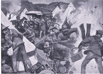 Búrové rabující britský tábor v Nooitgedacht pod dělostřeleckou palbou, z Po Pretorii: Guerilla War vydané Harmsworth Bros Limited, 1901 od Frederick Judd Waugh