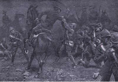Major Boole-Smith řeší De Wet, z After Pretoria: The Guerilla War vydané Harmsworth Bros Limited, 1901 od Frederick Judd Waugh