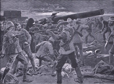 Útok na Gun Hill: z knihy After Pretoria: The Guerilla War, kterou vydalo nakladatelství Harmsworth Bros Limited v roce 1901. od Frederick Judd Waugh