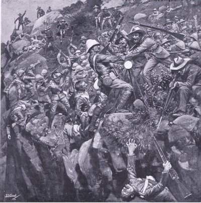 Katastrofa v Nooitgeddacht: Konec statečného signalizátora, z After Pretoria: The Guerilla War vydané Harmsworth Bros Limited, 1901 od Frederick Judd Waugh