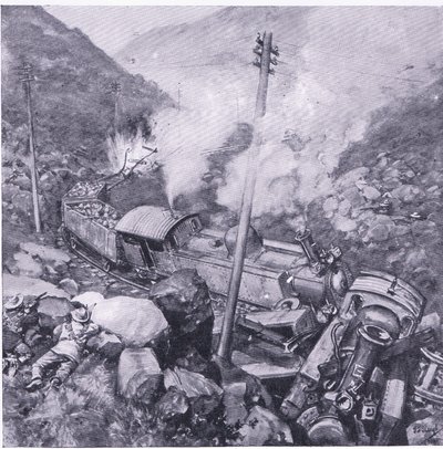 Ztroskotání obrněného vlaku poblíž Vlakfonteinu, ilustrace z Po Pretorii: Guerilla War, 1902 od Frederick Judd Waugh