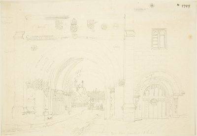 Abbey Gatehouse of Bristol Cathedral, pohled na jih (tužka na papíře) od Frederick Mackenzie