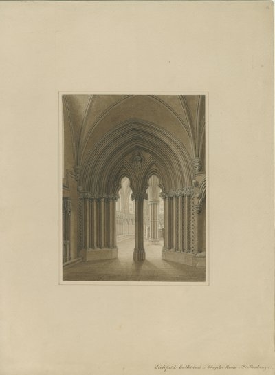 Interiér katedrály Lichfield – dveře kapituly: sépiová kresba a [c 1820] od Frederick Mackenzie