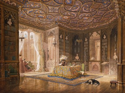 Knihovna Stanmore Hall, sídlo Roberta Hollanda, Esq, od Frederick Mackenzie