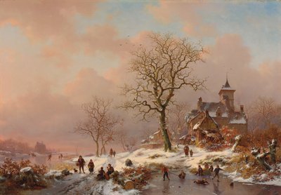 Zimní krajina s postavami hrajícími si na ledě, 1868 od Frederick Marianus Kruseman