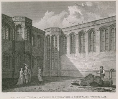 Jihozápadní pohled na hlavní čtyřúhelník nebo nádvoří Crosby Hall od Frederick Nash