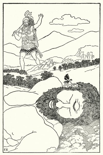 Pygmej zakřičel Antaeovi do ucha, že přichází další obr (litho) od Frederick Richardson