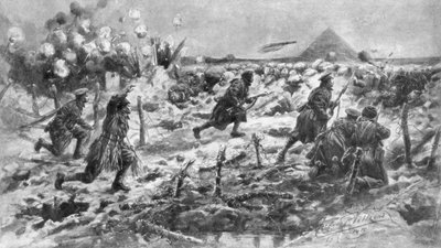 Britský útok s použitím bajonetu a granátu, Neuve-Chapelle, Francie, 10. března 1915, 1926. od Frederick Villiers