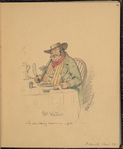 F. 10: Scéna z Pickwick Papers, pane Wellere, z „Knihy skic se scénami z příběhů Charlese Dickense“ (tužka a akvarel na papíře) od Frederick W. Pailthorpe