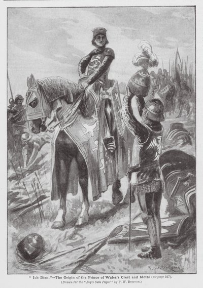 "Ich Dien", původ znaku a motta prince z Walesu (litografie) od Frederick William (after) Burton