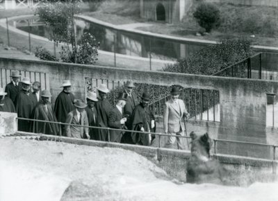 Sir Peter Chalmers Mitchell, s etiopským regentem Haile Selassiem a jeho doprovodem, sledují medvěda hnědého na Mappinových terasách, londýnská zoo, 1924 od Frederick William Bond
