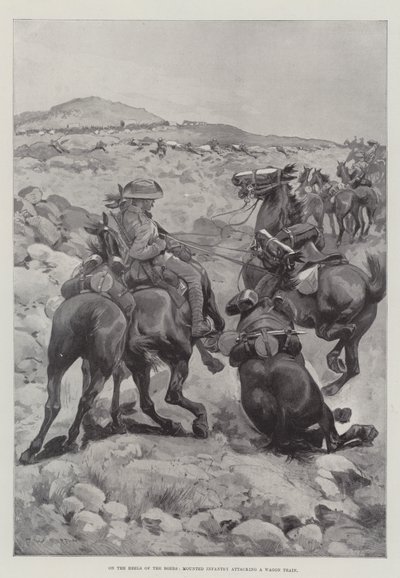 Búrové v patách, jízdní pěchota útočí na vlak s povozy od Frederick William Burton