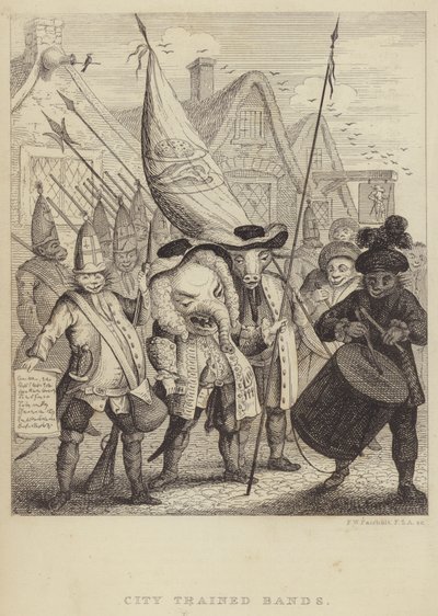 City Trained Bands: satira na milice spojené s City of London a paniku vyvolanou jakobitským povstáním v roce 1745 (rytina) od Frederick William Fairholt