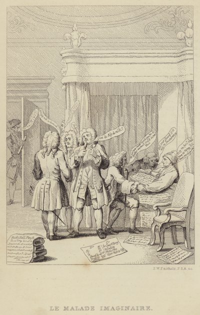 Le Malade Imaginaire: satira zobrazující autora a botanika Johna Hilla v posteli, kterého konzultuje řada lékařů, všichni odhodlaní zajistit si poplatky od Frederick William Fairholt