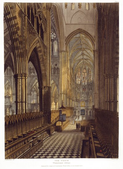 The Choir, deska 7 z Westminsterského opatství, ryl J. Bluck (fl.1791-1831) pub. od Rudolpha Ackermanna (1764-1834) 1811 (akvatinta) od Frederick after Mackenzie