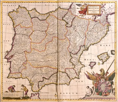 Mapa Pyrenejského poloostrova, Španělska a Portugalska (lept od Frederick de Wit