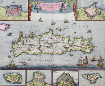 Mapa ostrova Kandie (Kréta) s námořním přístavem Herakleion, cca 1680 od Frederick de Wit