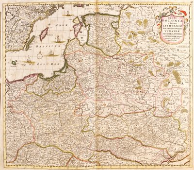 Mapa Polského království, litevských vévodů a Livonska (Lotyšsko) (pobaltské země) a Ukrajiny (lept) od Frederick de Wit