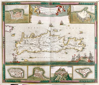Mapa ostrova Kréta s výhledy na opevněná města La Cane a Heraklion a pevnosti Spinalonga, Retino, Thine a Souda (lept od Frederick de Wit