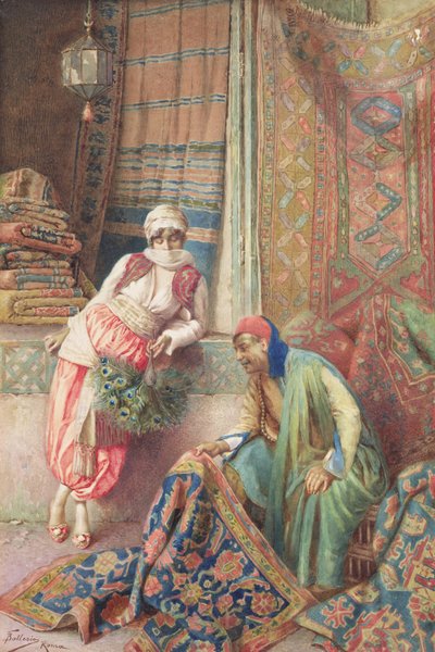 Vyjednávání s prodejcem koberců, c.1875 (wc na papíře) od Frederico Ballesio
