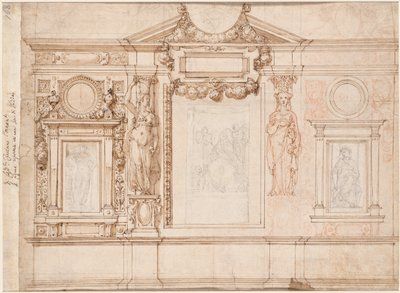 Návrh nástěnné dekorace s vloženými skicami podle Raphaela verso, c. 80.–90. léta 16. století. od Frederico Zuccaro