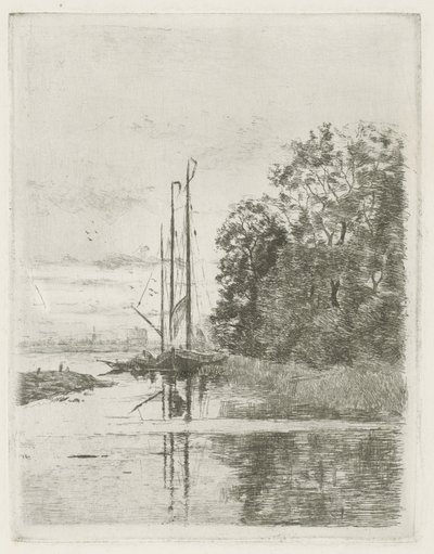 Pohled na řeku se dvěma loděmi a člunem. od Fredericus Jacobus van Rossum du Chattel (signed by artist)