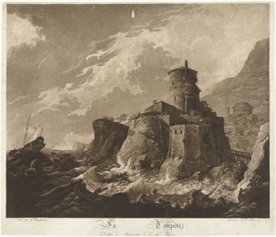 Hrad na skalnatém pobřeží a lodě v bouři na moři La Tempête (název na objektu) od Frederik Christiaan Bierweiler