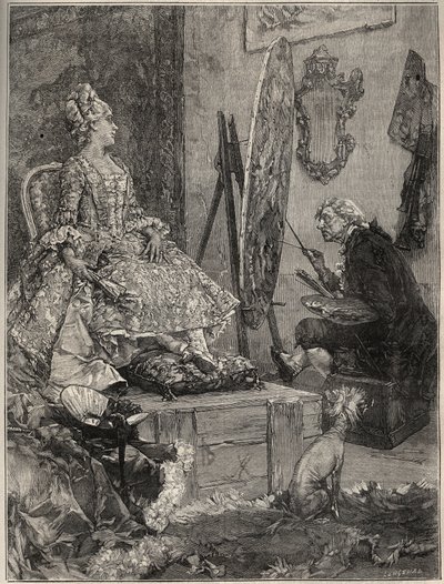 Francois Boucher (1703-1770) maluje portrét Jeanne Antoinette Poisson, markýze z Pompadour (známé jako Madame de Pompadour od Frederik Hendrik (after) Kaemmerer