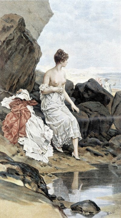 Žena u moře koupající se v úkrytu - alegorie léta, kalendář ilustrovaný Hubertem Dysem, maloval F.H. Kaemmerer od Frederik Hendrik Kaemmerer