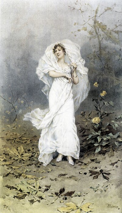 Žena v lese - Alegorie podzimu, kalendář ilustrovaný Hubertem Dysem, maloval F.H. Kaemmerer od Frederik Hendrik Kaemmerer