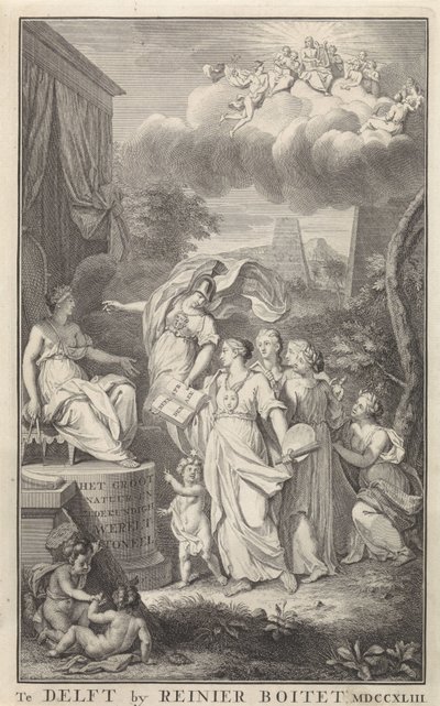 Minerva a umění za trůnující postavu Titulní strana pro: The Groot Natuur- en Zedekundigh Wereldtoneel, Delft, R. Boitet, 1743 od Frederik Ottens
