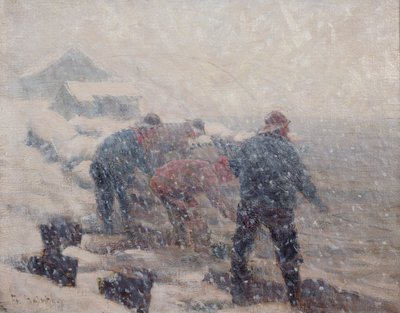 Rybáři táhnou nevod ve sněhové bouři (olej na plátně) od Fredrik Kolstoe