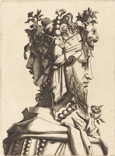 Busta ženy v extravagantním kostýmu od French 16th Century after René Boyvin or Pierre Milan