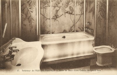 Koupelna luxusní kajuty na palubě francouzské zaoceánské lodi Ile de France (čb foto) od French Photographer