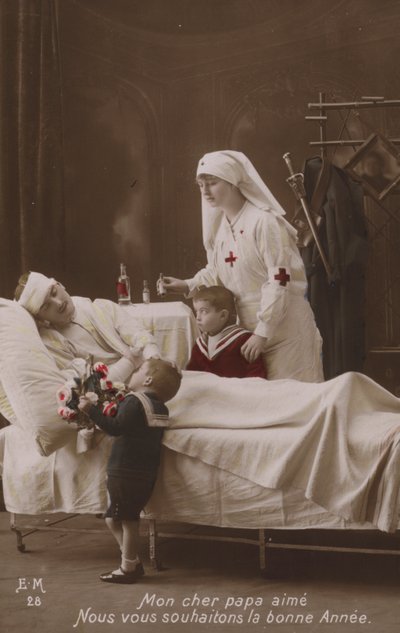 Děti přejí šťastný nový rok svému zraněnému otci, WW1 od French Photographer