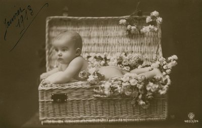 Pohlednice miminka v proutěném košíku s květinami, odeslaná v lednu 1913 od French Photographer