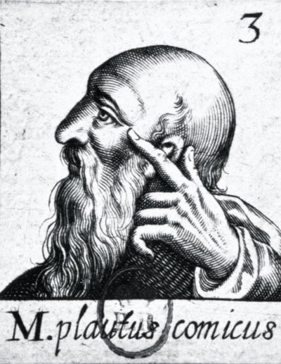 (zleva ve směru hodinových ručiček) Portrét Horacia (65-8 př. n. l.); portrét Scipia Aemiliana (Africanus Minor) (185-129 př. n. l.); portrét Plauta (asi 254-184 př. n. l.) (detail 84908) od French School