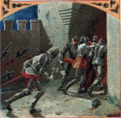 100letá válka: armáda Burgundů se zradou zmocnila hradu Pierrefonds (14. století). Chromolitografie konce 19. století od French School
