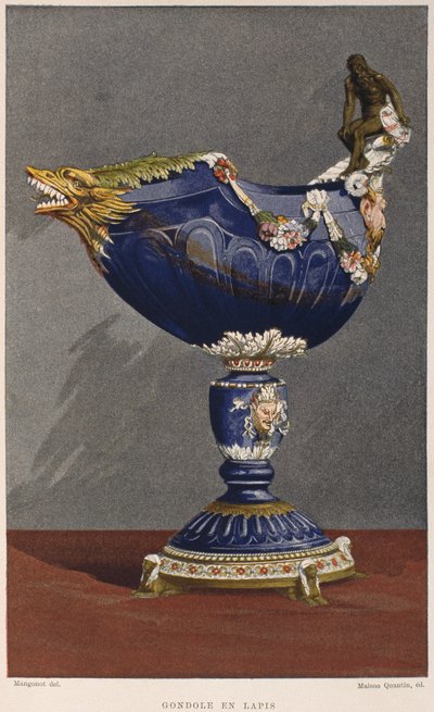 Pohár ve tvaru gondoly ze 16. století vykládaný lapisem lazuli, osazený smaltovaným a stříbrným zlacením, ilustrace z Dictionnaire de lameublement et de la dekorace od Henryho Havarda, svazek 2, talíř od French School