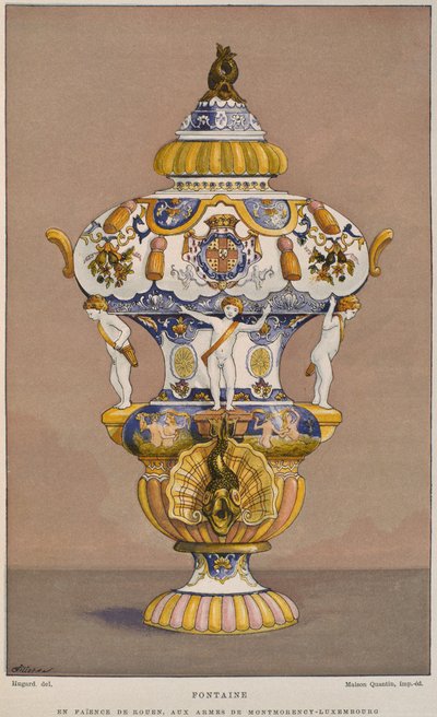 Fajánsová kašna z 18. století s erbem Montmorency Luxembourg, vyrobeno v Rouen, ilustrace z Dictionnaire de lameublement et de la decoration od Henryho Havarda, svazek 2, od French School