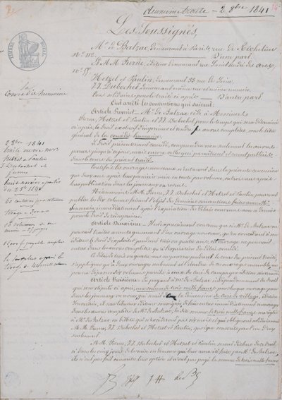 2. smluvní dokument týkající se La Comedie Humaine mezi Honore de Balzac (1799-1850) a Hetzelem, Paulinem, Dubochetem a vydavatelem Charlesem Furnem, 2. října 1841 od French School