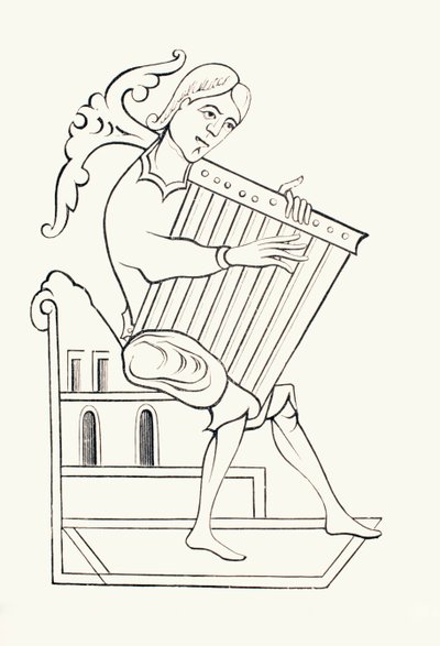 Hudebník z 9. století hrající na hudební nástroj známý jako psalterium z „Les Arts au Moyen Age“, vydané v roce 1873 (litho) od French School