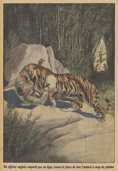 Britský důstojník, unášený tygrem, najde sílu zabít zvíře svou pistolí (barva litho) od French School